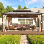 Gazebo à toit rigide pour jardin – Pergola permanente avec moustiquaire, rideaux et double toit, abri extérieur toutes saisons