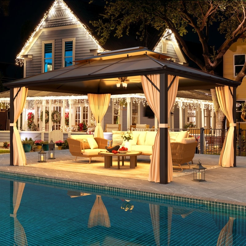 Gazebo à toit rigide pour jardin – Pergola permanente avec moustiquaire, rideaux et double toit, abri extérieur toutes saisons