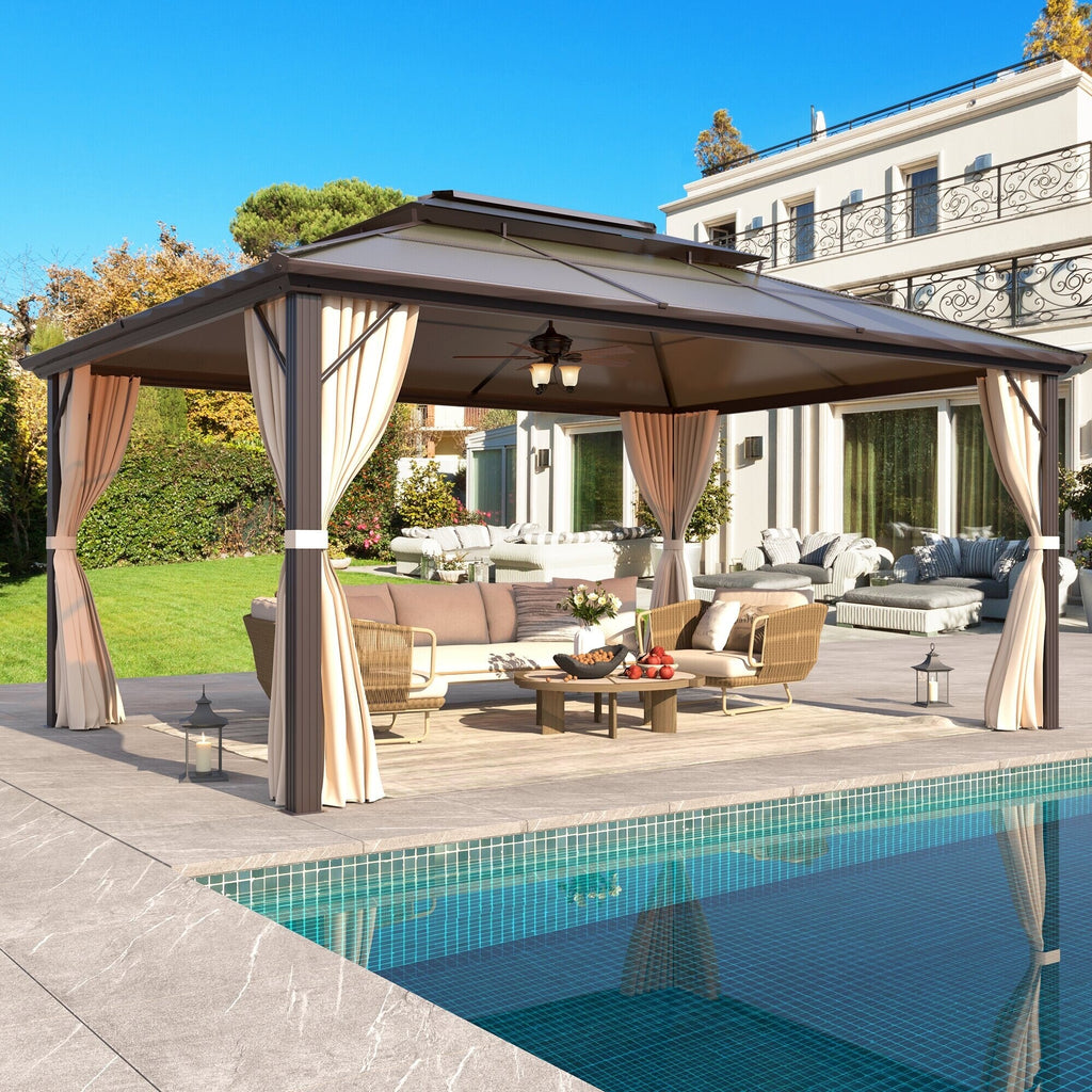 Gazebo à toit rigide pour jardin – Pergola permanente avec moustiquaire, rideaux et double toit, abri extérieur toutes saisons