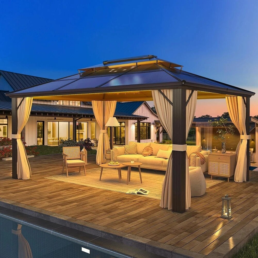 EROMMY Gazebo à toit rigide, Pergola d'extérieur avec double toit, moustiquaire et rideaux, auvent robuste pour patio, jardin, fête à la piscine