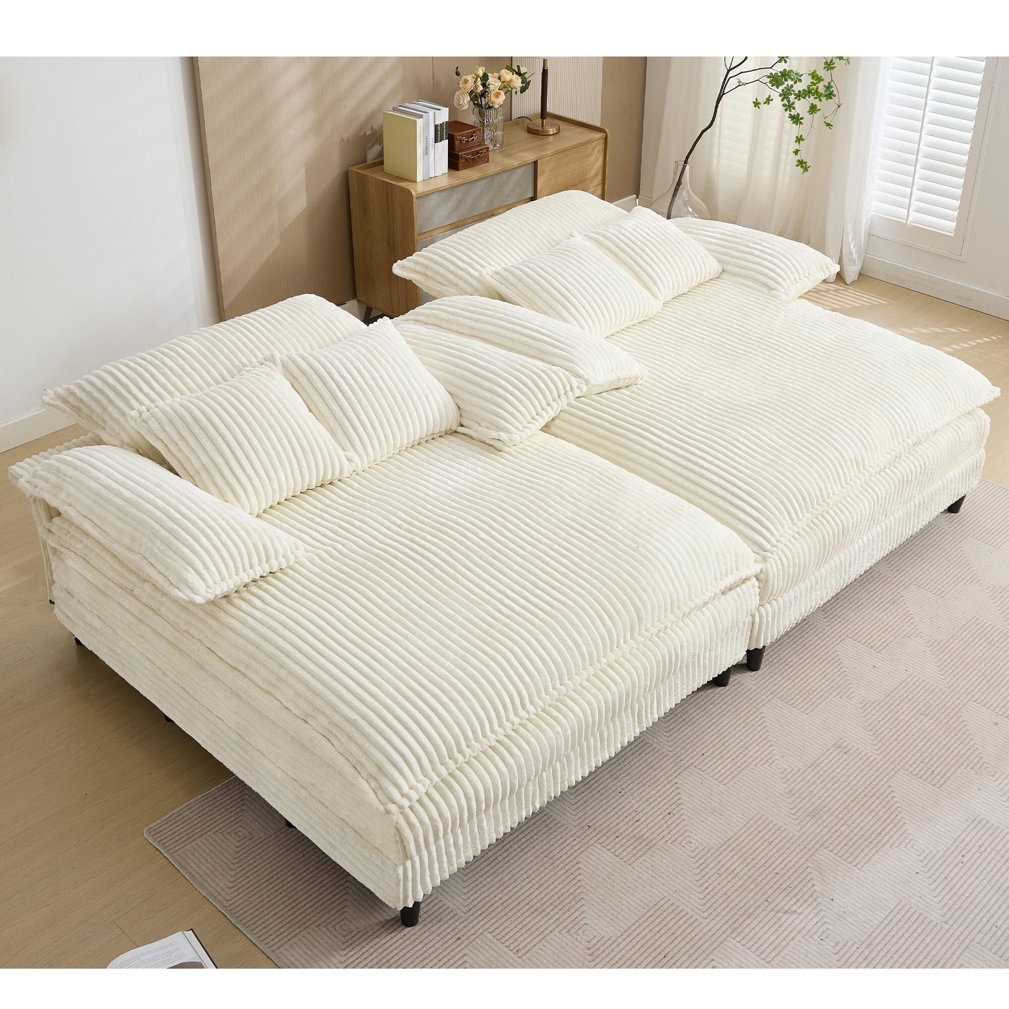 Canapé-lit surdimensionné Harmonia 109 W en velours côtelé, méridienne double profonde avec 4 coussins