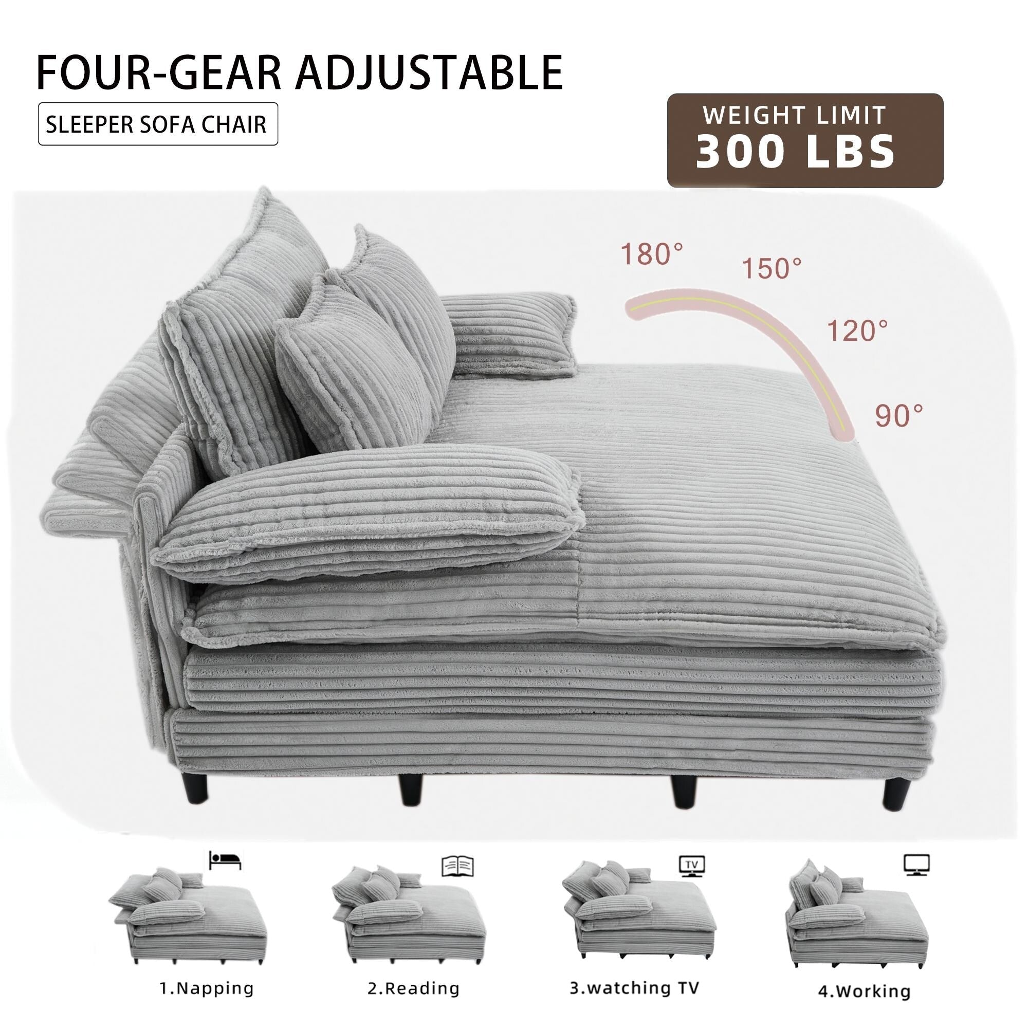 Canapé-lit surdimensionné Harmonia 109 W en velours côtelé, méridienne double profonde avec 4 coussins