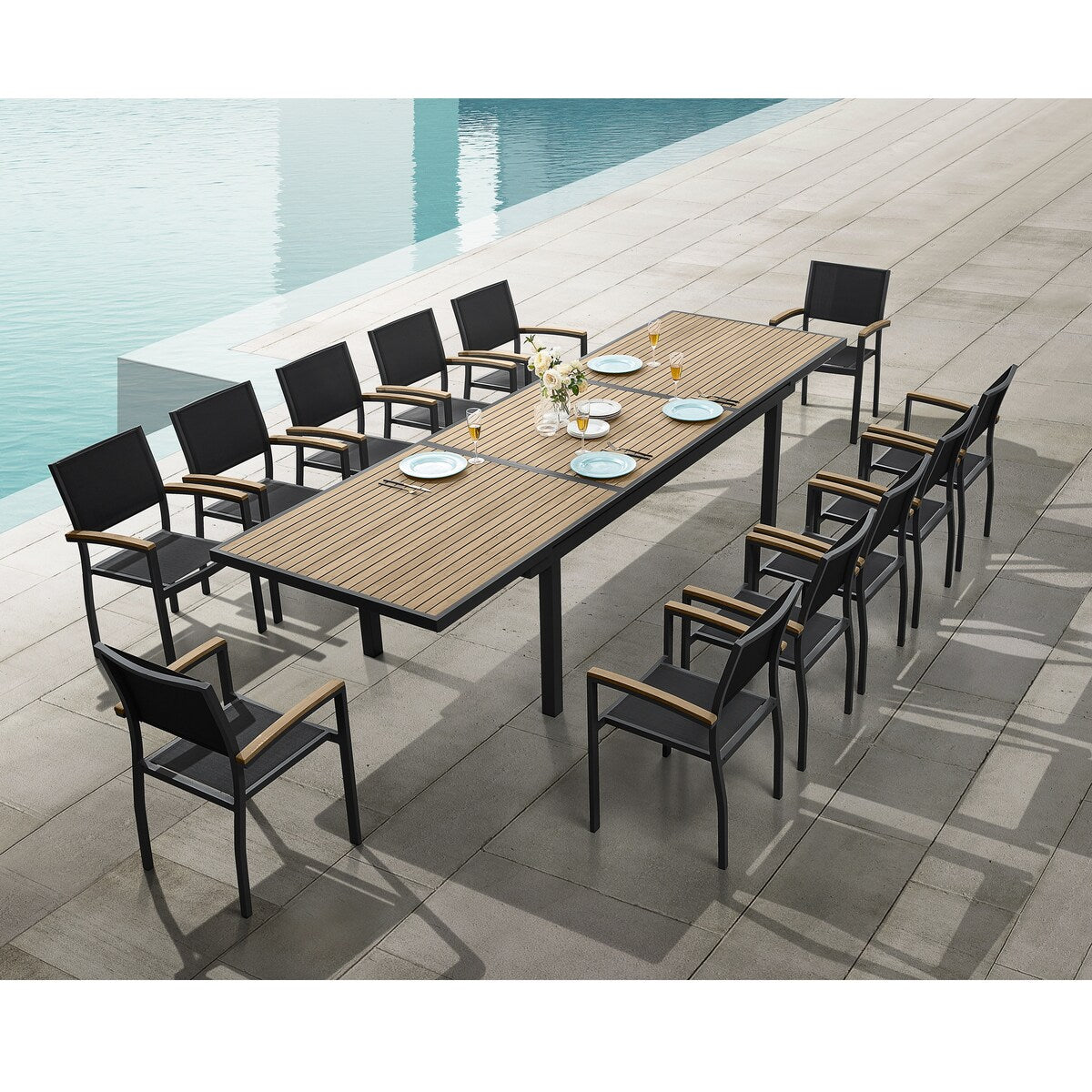 Ensemble de salle à manger d'extérieur Heck 13 pièces en aluminium teck certifié FSC pour 12 personnes, table extensible et chaises empilables, noir anthracite