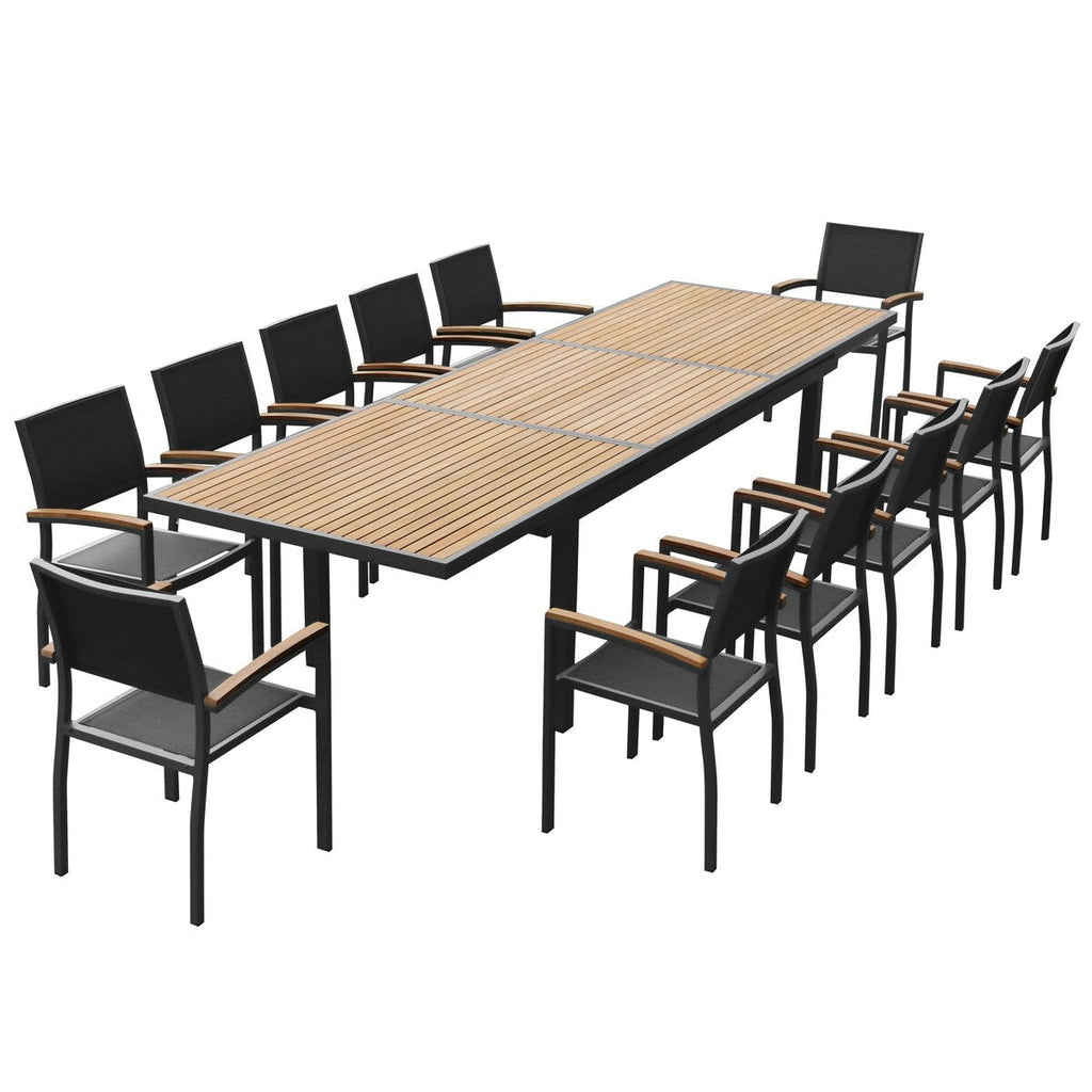 Ensemble de salle à manger d'extérieur Heck 13 pièces en aluminium teck certifié FSC pour 12 personnes, table extensible et chaises empilables, noir anthracite