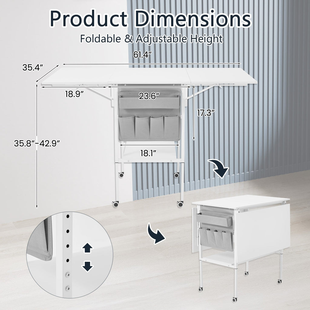 Table d'artisanat à hauteur réglable avec étagères de rangement, table de coupe pliable mobile pour maison, bureau, salle de couture, salle d'artisanat