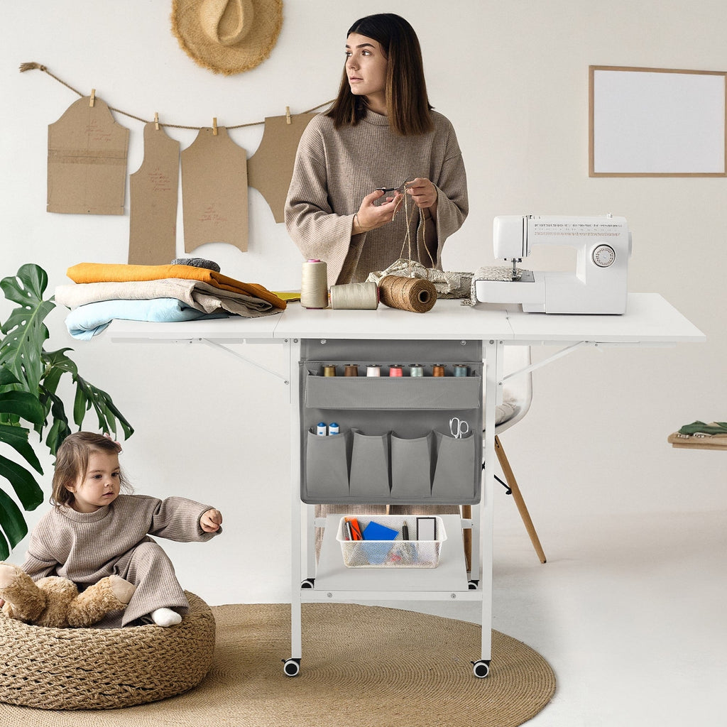 Table d'artisanat à hauteur réglable avec étagères de rangement, table de coupe pliable mobile pour maison, bureau, salle de couture, salle d'artisanat