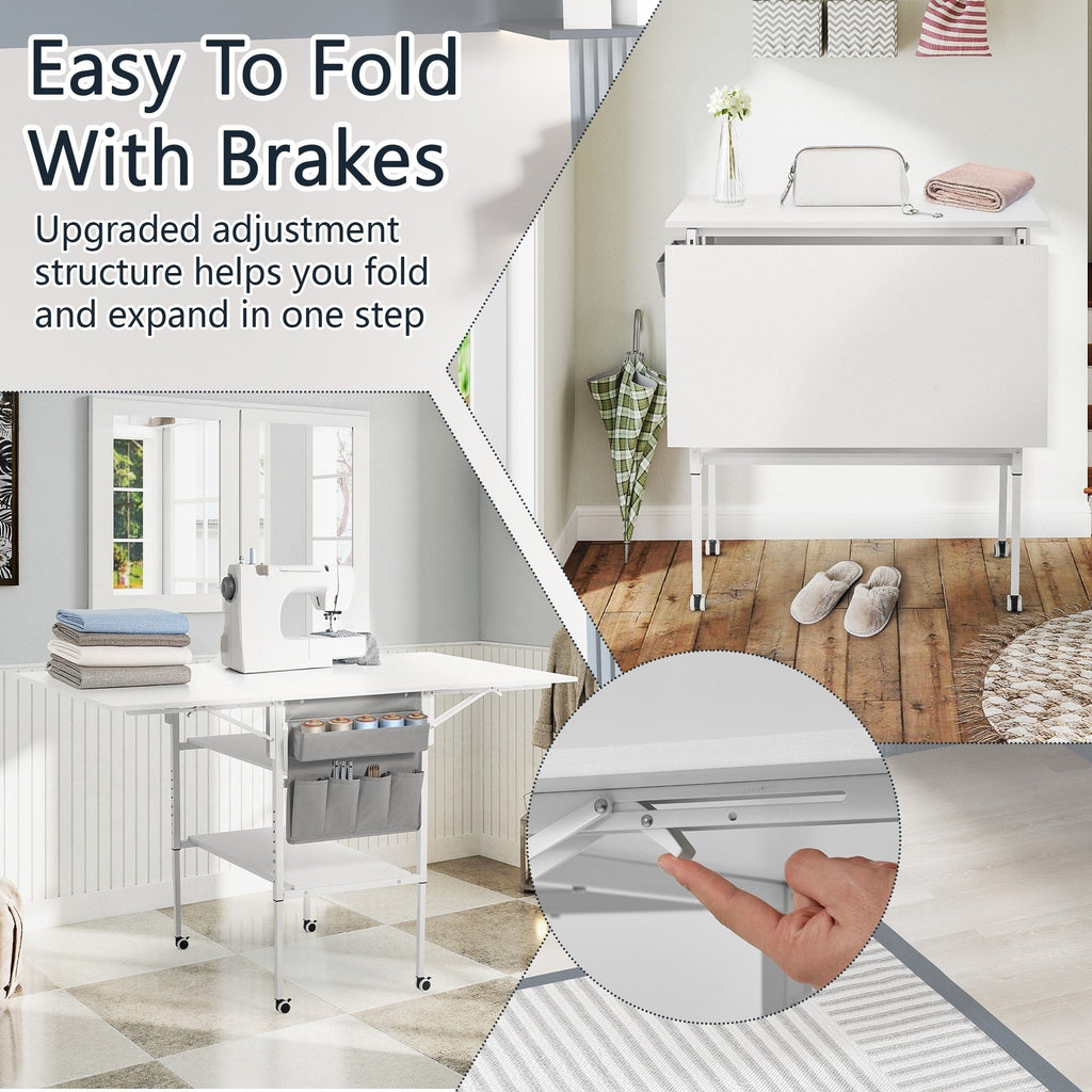 Table d'artisanat à hauteur réglable avec étagères de rangement, table de coupe pliable mobile pour maison, bureau, salle de couture, salle d'artisanat
