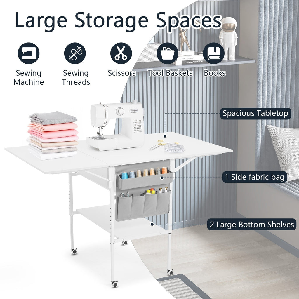 Table d'artisanat à hauteur réglable avec étagères de rangement, table de coupe pliable mobile pour maison, bureau, salle de couture, salle d'artisanat
