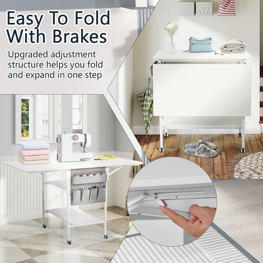 Table d'artisanat à hauteur réglable avec étagères de rangement, table de coupe pliable mobile pour maison, bureau, salle de couture, salle d'artisanat
