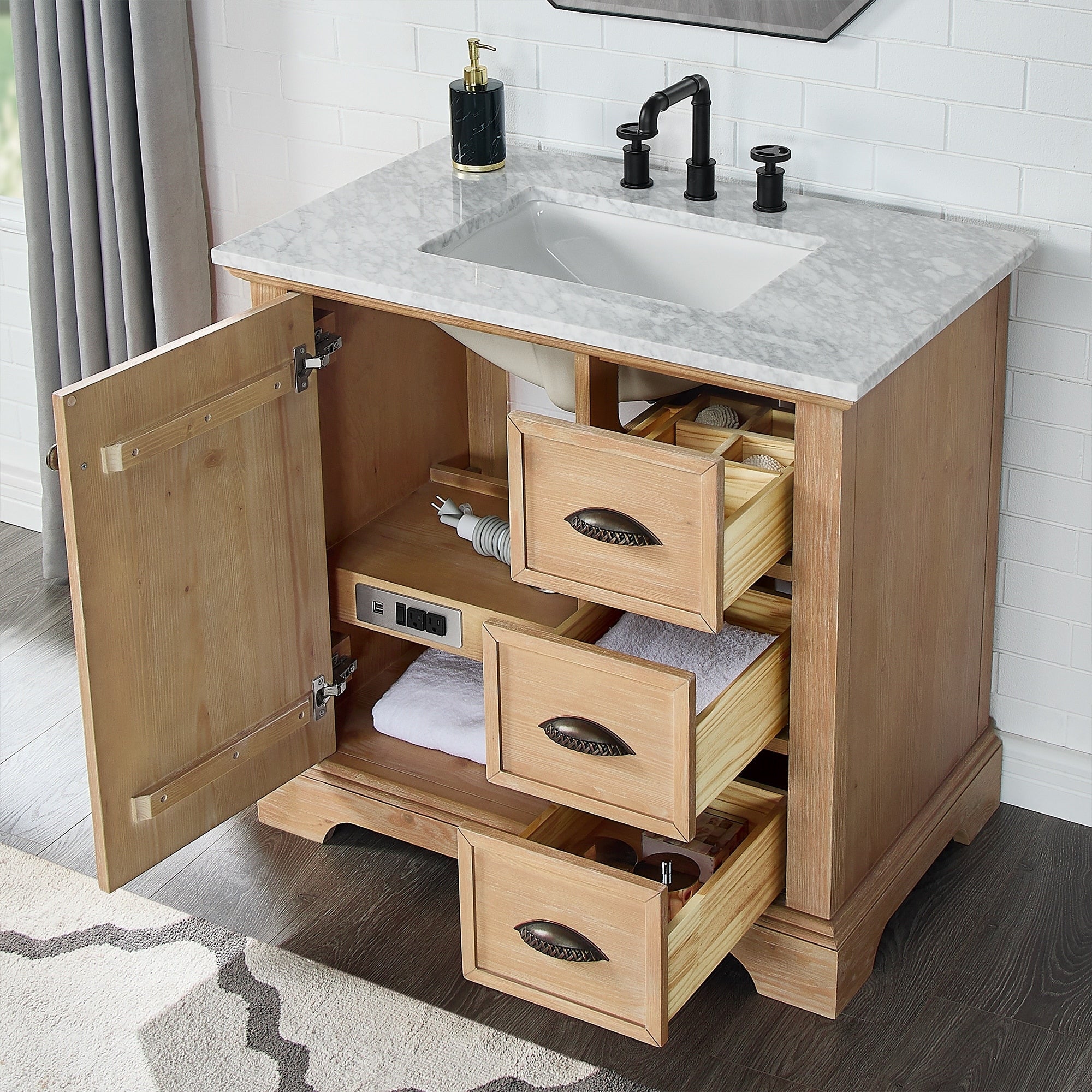 Meuble-lavabo Hervas avec plan de toilette en marbre naturel, sans miroir.