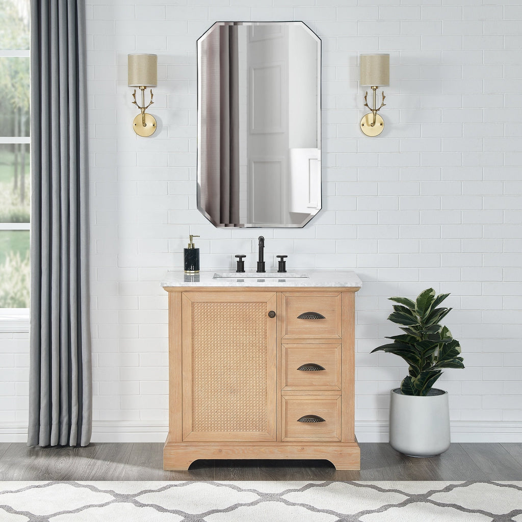 Meuble-lavabo Hervas avec plan de toilette en marbre naturel, sans miroir.