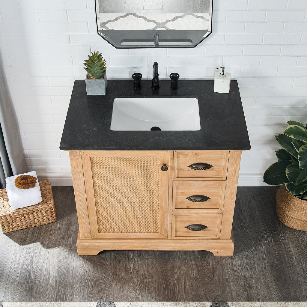 Meuble-lavabo Hervas avec plan de toilette en marbre naturel, sans miroir.