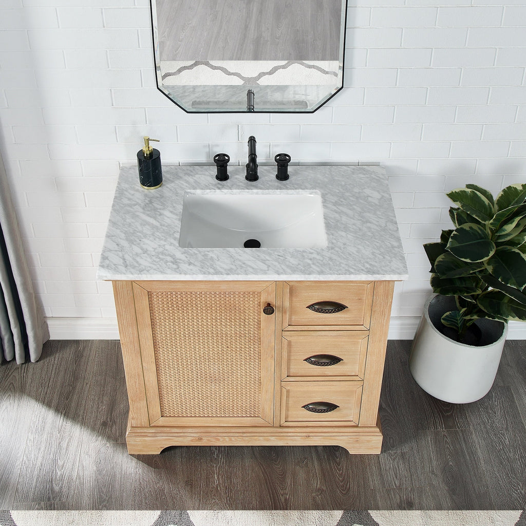 Meuble-lavabo Hervas avec plan de toilette en marbre naturel, sans miroir.