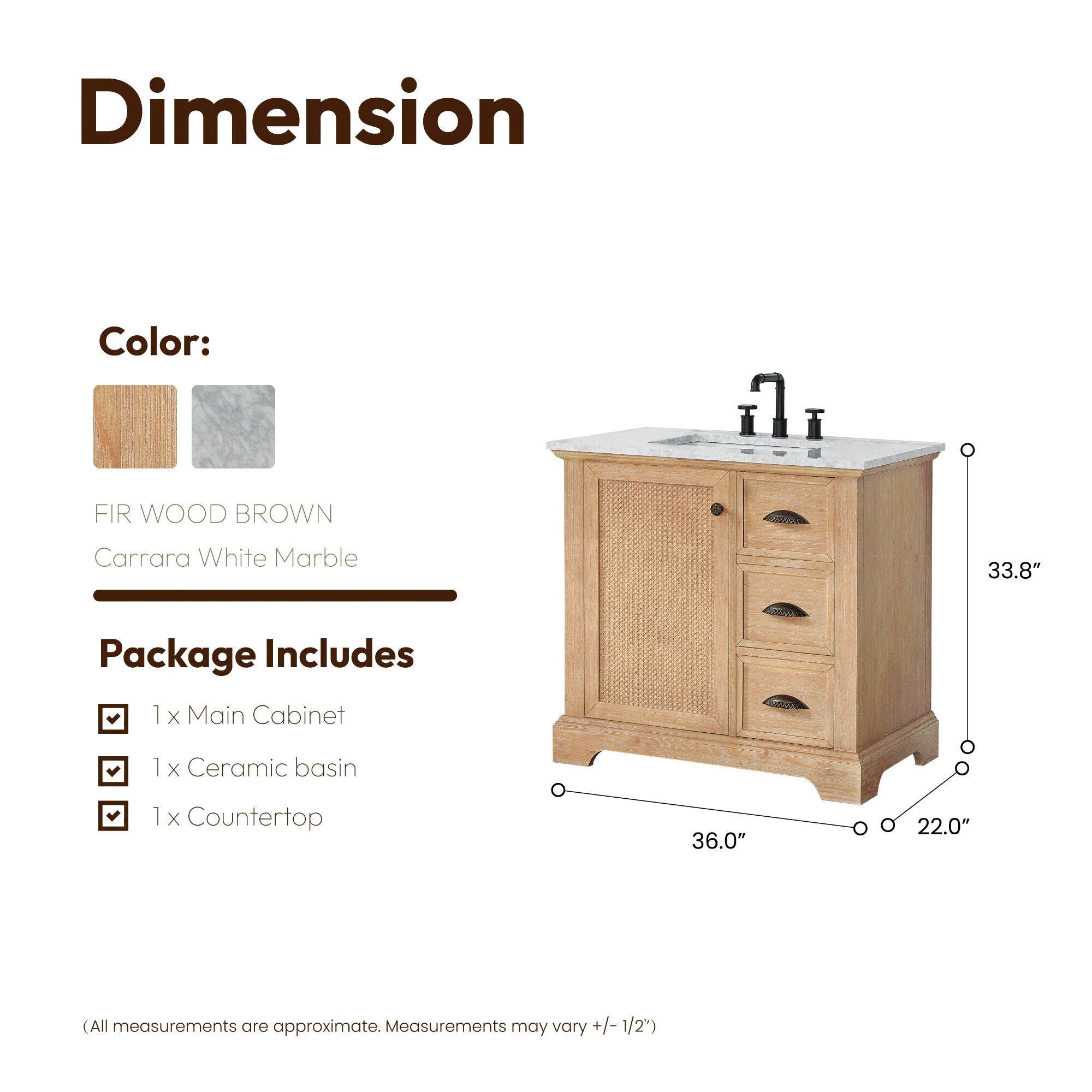 Meuble-lavabo Hervas avec plan de toilette en marbre naturel, sans miroir.