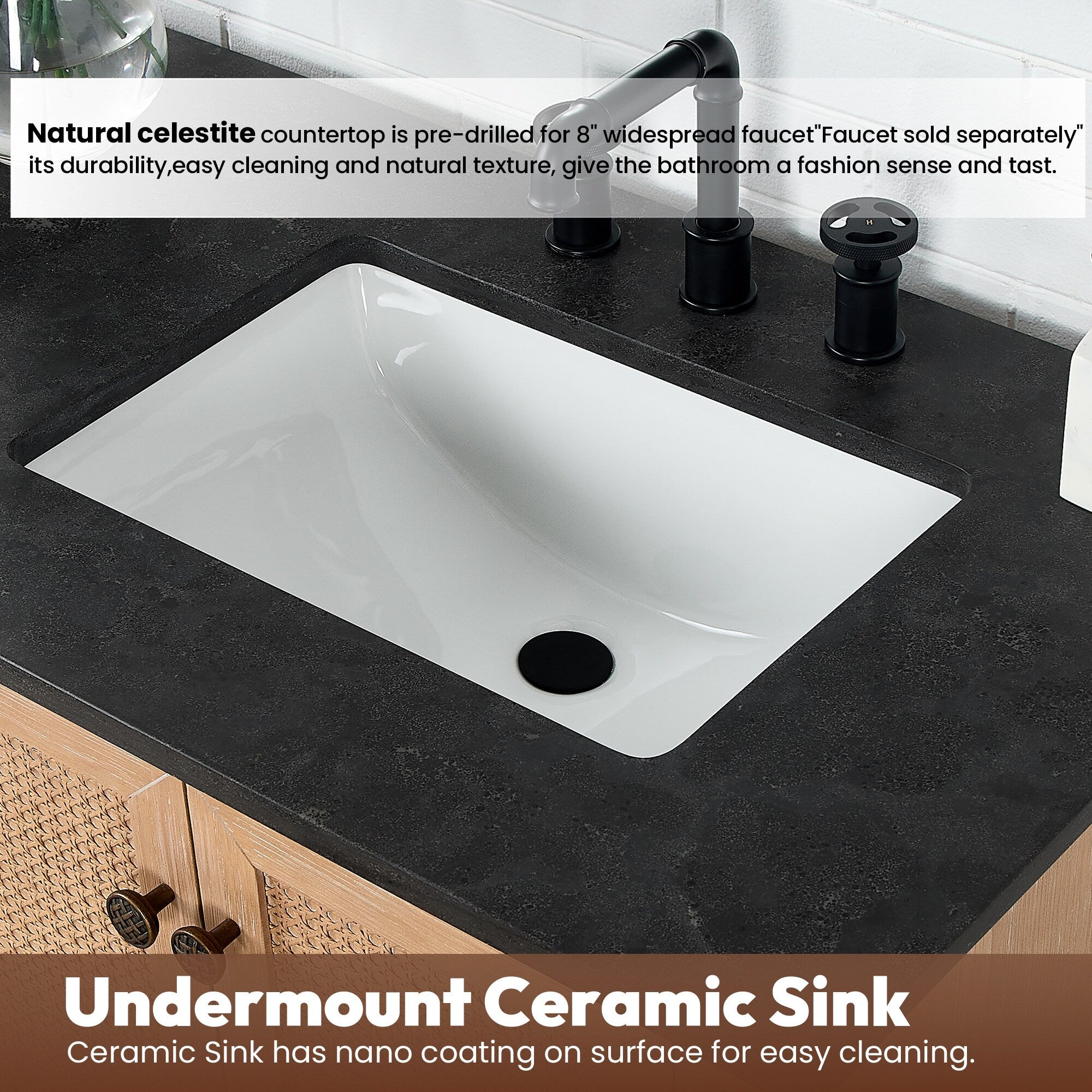 Meuble-lavabo Hervas avec plan de toilette en marbre naturel, sans miroir.