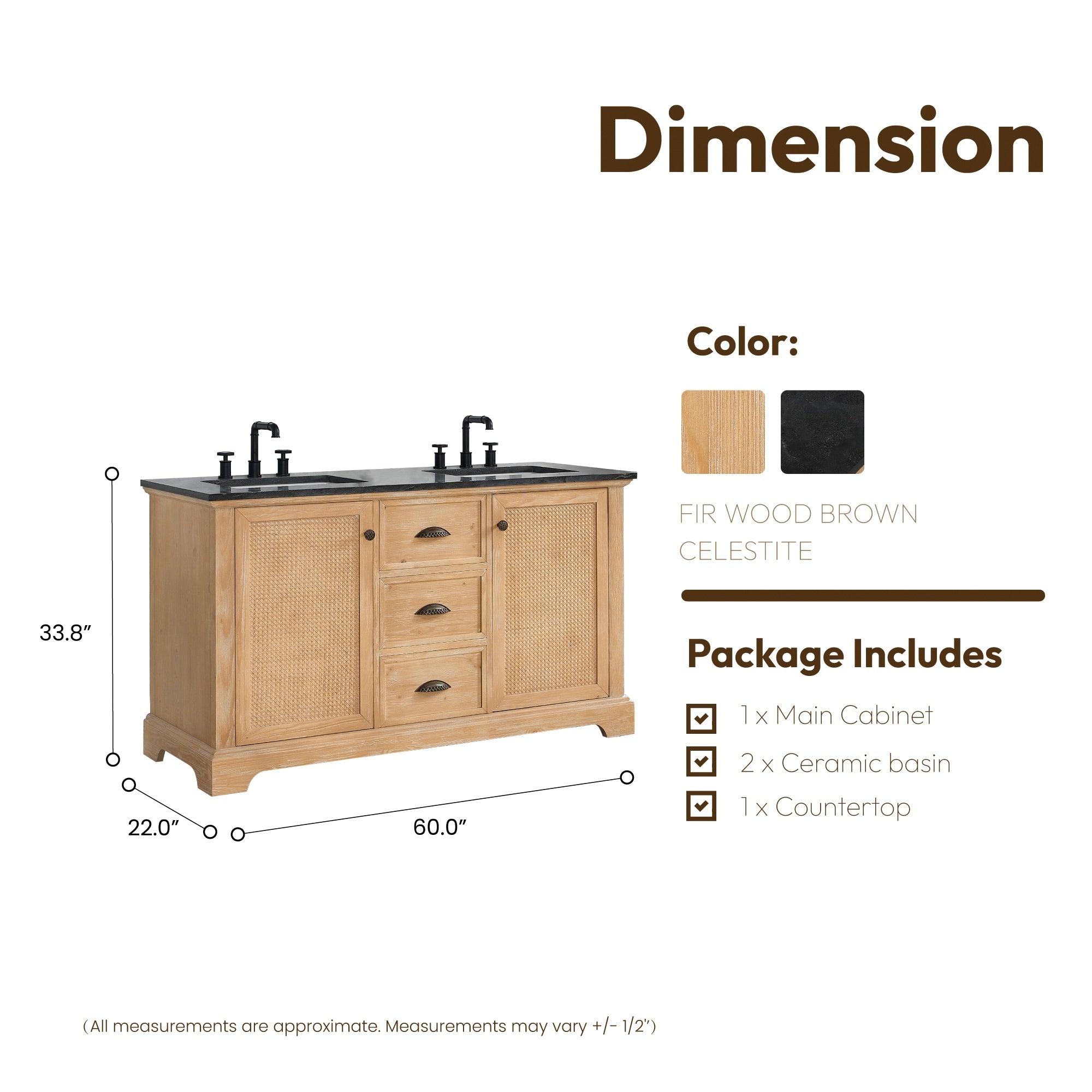 Meuble-lavabo Hervas avec plan de toilette en marbre naturel, sans miroir.