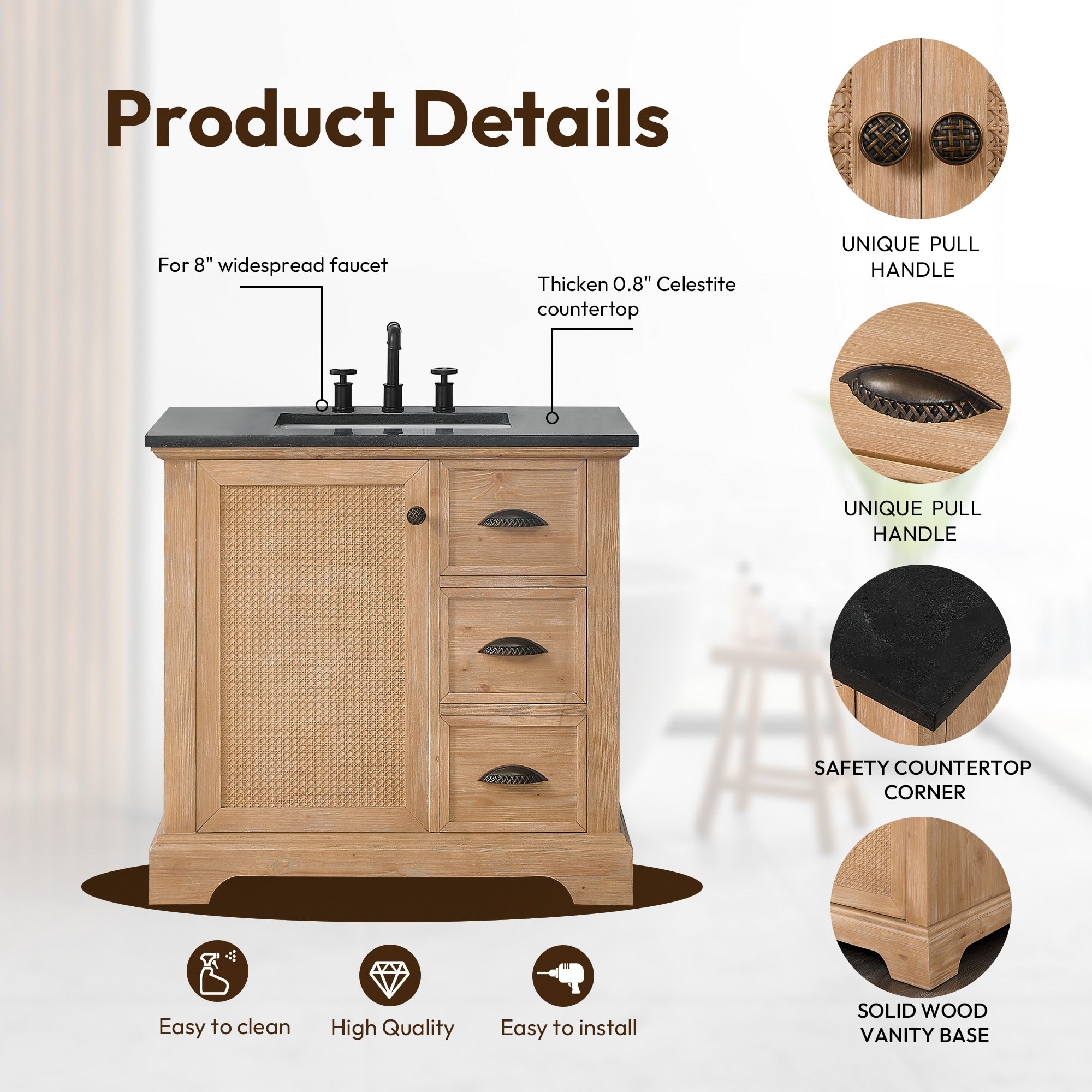 Meuble-lavabo Hervas avec plan de toilette en marbre naturel, sans miroir.