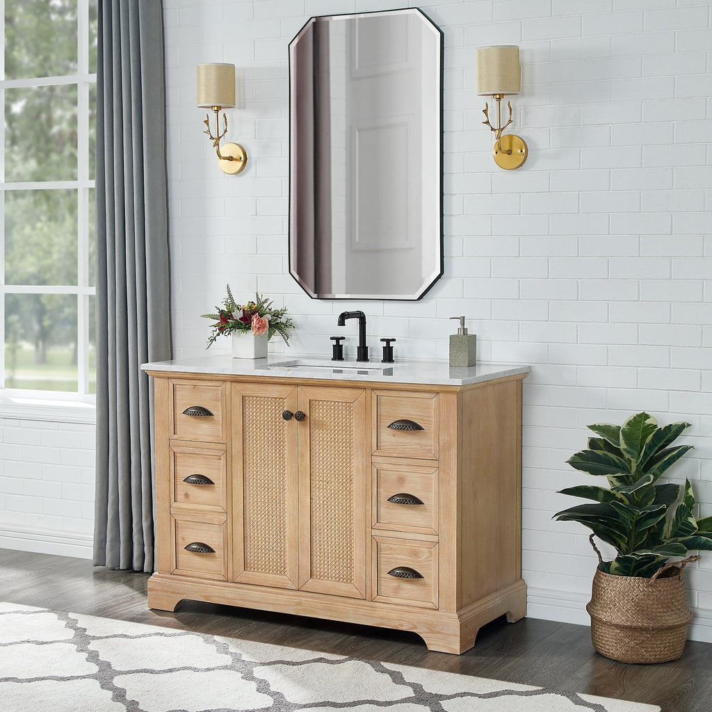 Meuble-lavabo Hervas avec plan de toilette en marbre naturel, sans miroir.