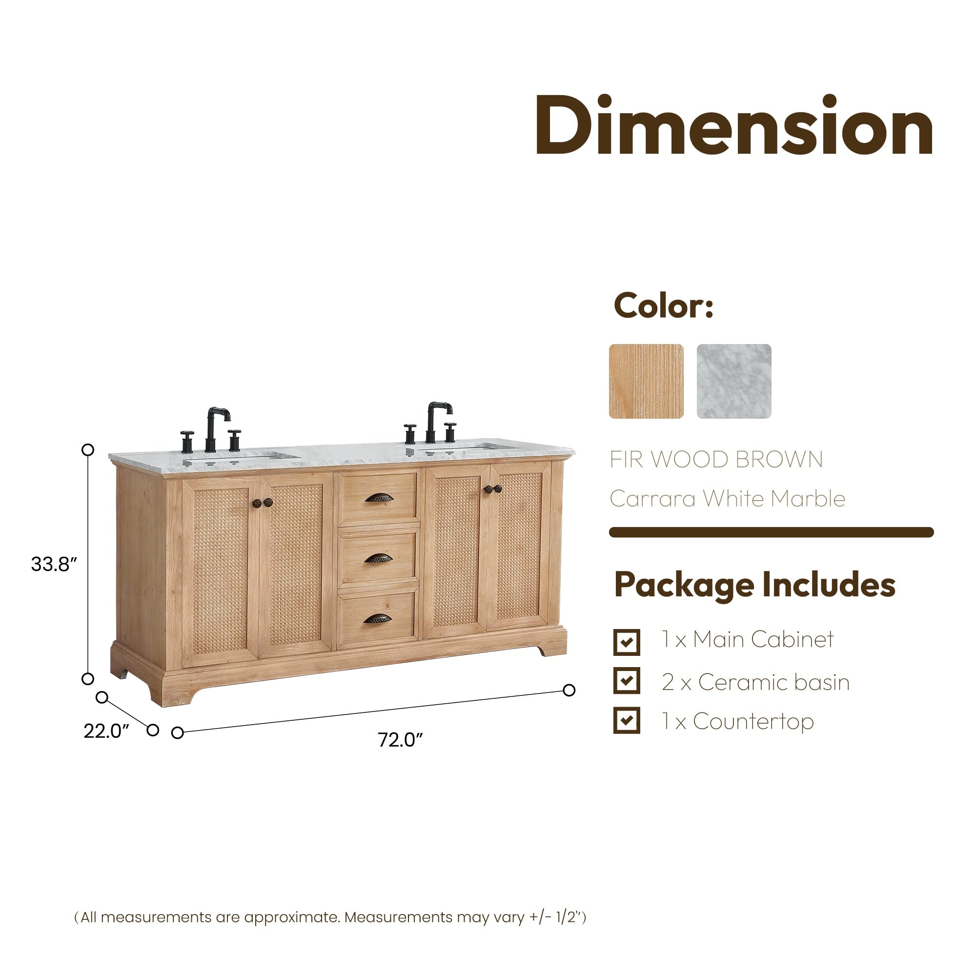 Meuble-lavabo Hervas avec plan de toilette en marbre naturel, sans miroir.