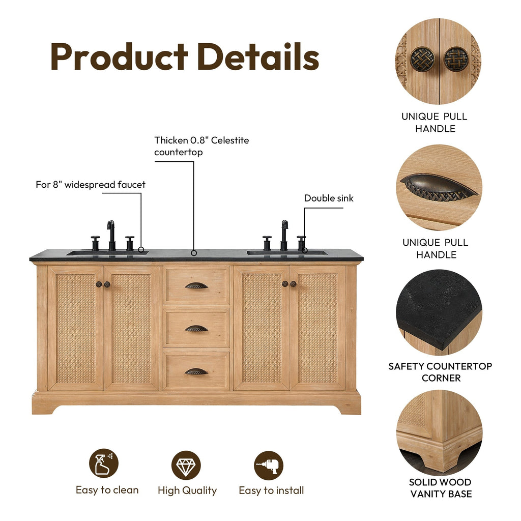 Meuble-lavabo Hervas avec plan de toilette en marbre naturel, sans miroir.