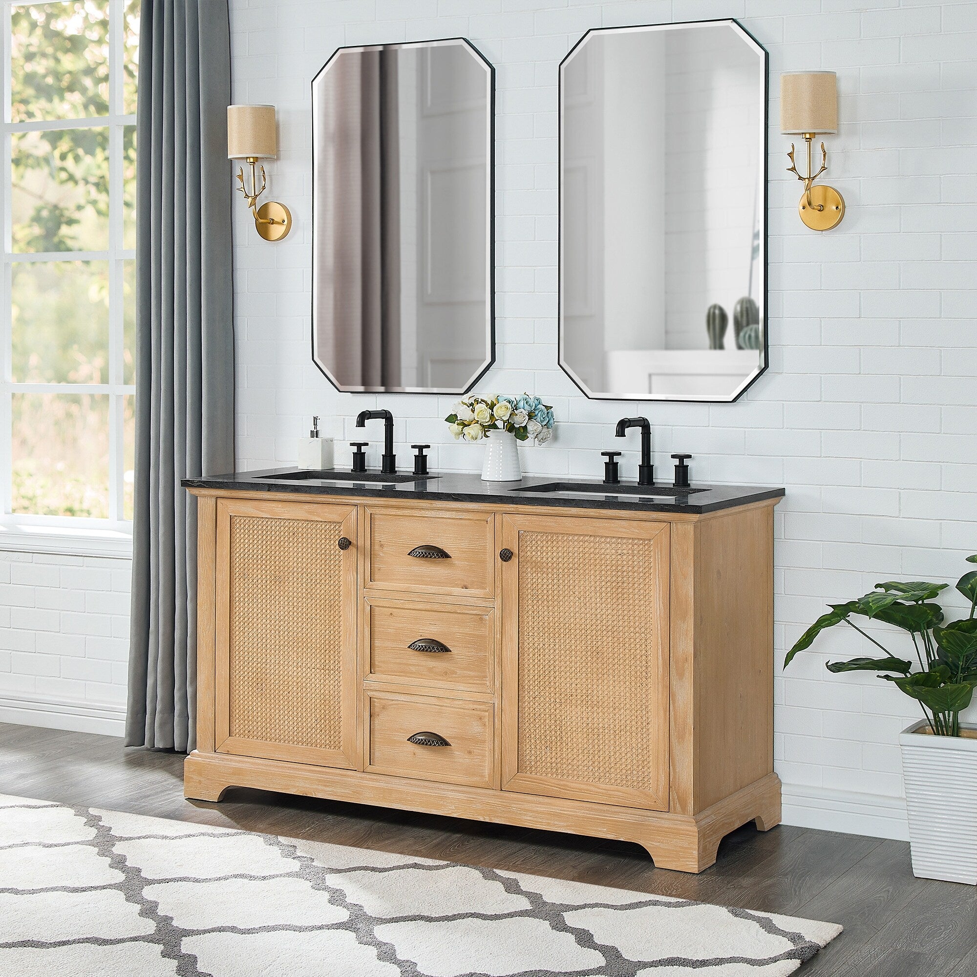 Meuble-lavabo Hervas avec plan de toilette en marbre naturel, sans miroir.