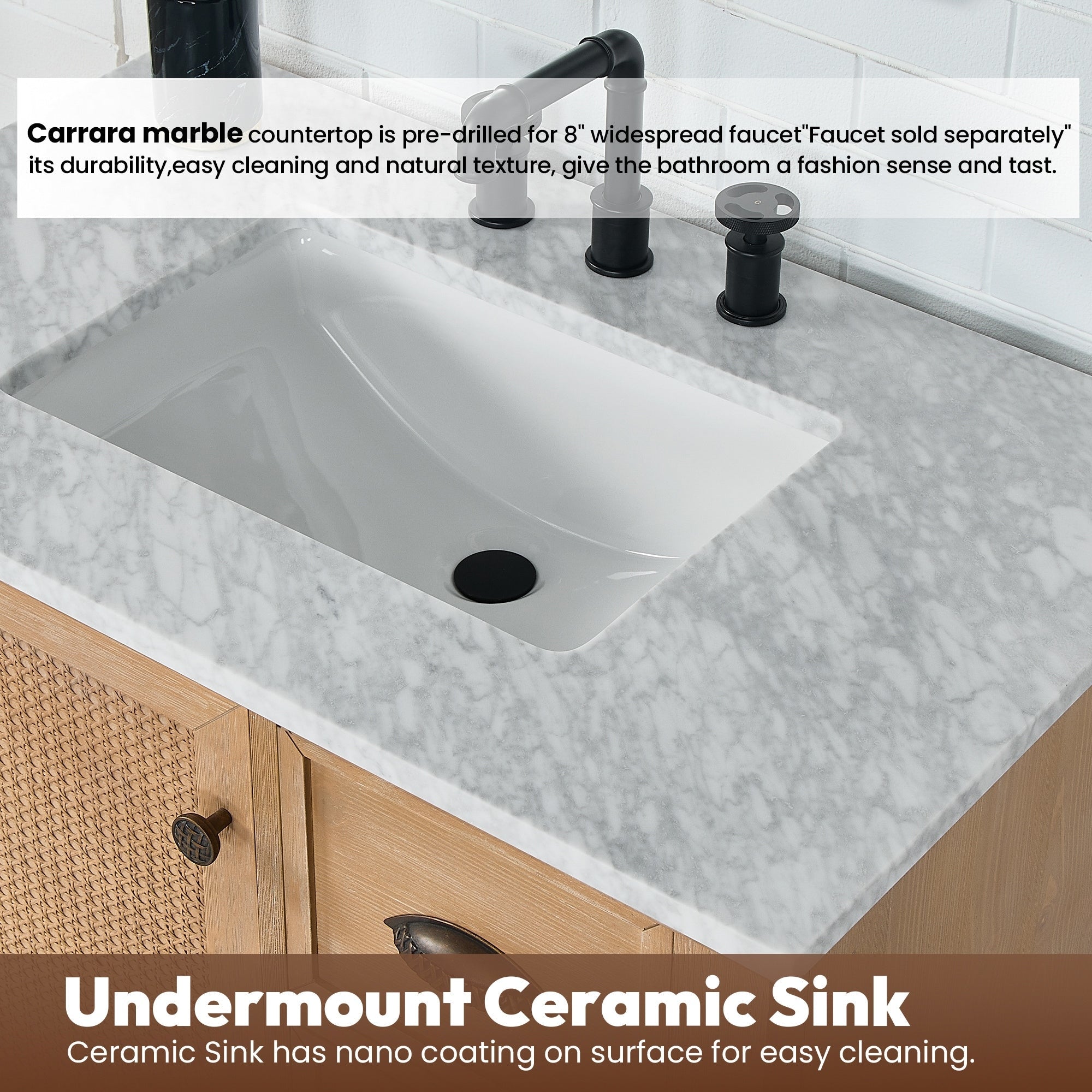 Meuble-lavabo Hervas avec plan de toilette en marbre naturel, sans miroir.