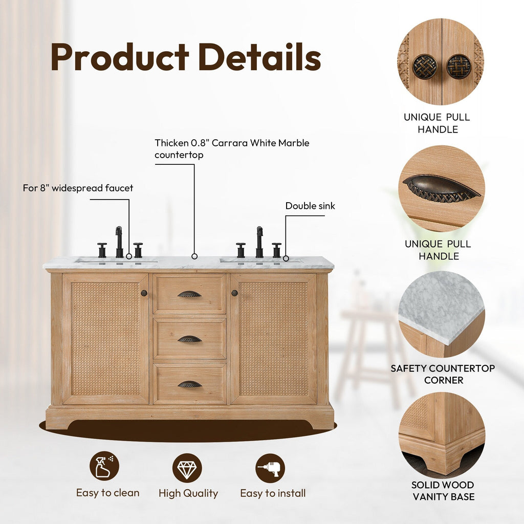 Meuble-lavabo Hervas avec plan de toilette en marbre naturel, sans miroir.