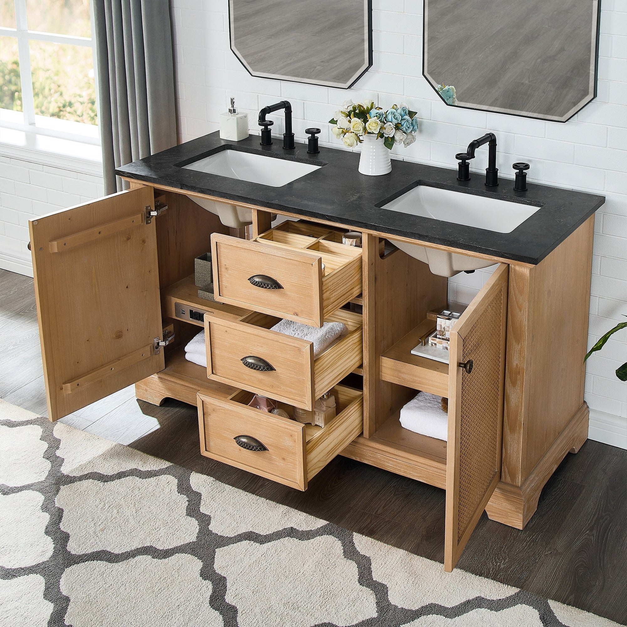 Meuble-lavabo Hervas avec plan de toilette en marbre naturel, sans miroir.