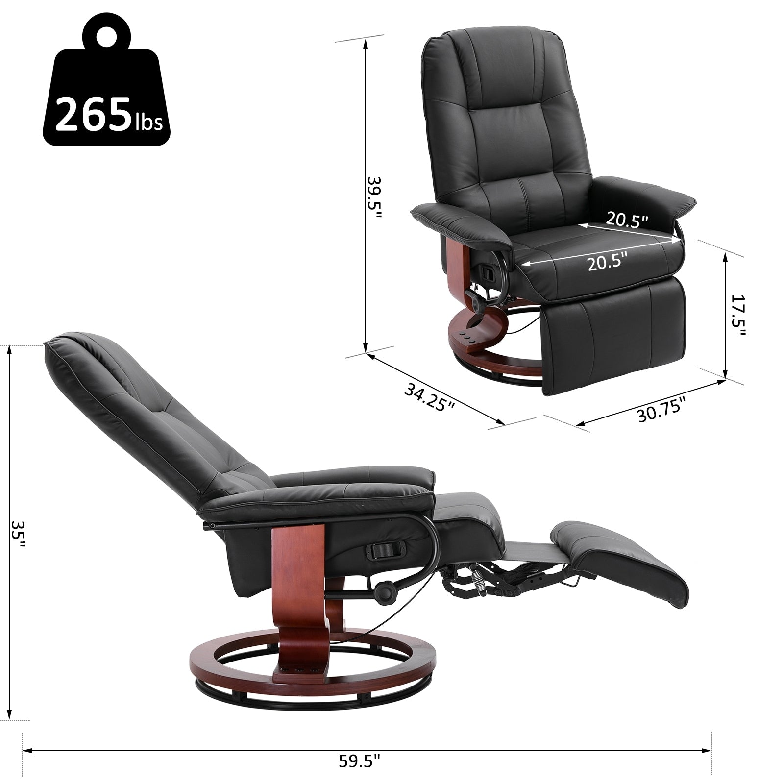 Fauteuil inclinable HomCom en similicuir, réglable, pivotant et à base manuelle, avec repose-pieds confortable et relaxant