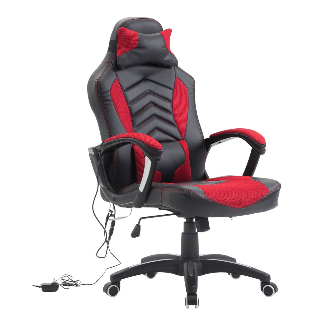 Fauteuil de jeu pour ordinateur avec 6 points de massage vibrants, 5 modes, style racing, chauffant, pivotant et à roulettes avec appui-tête.