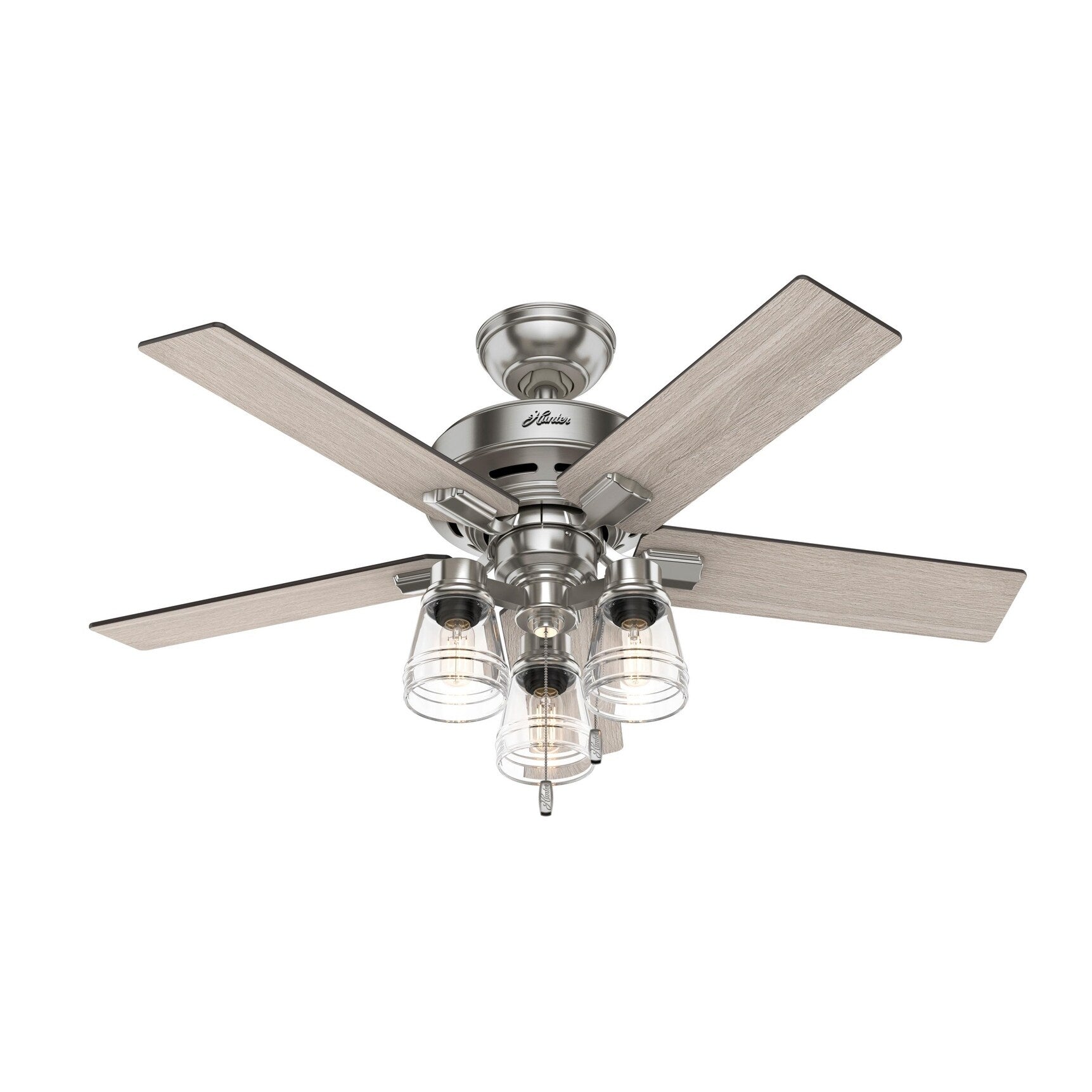 Ventilateur de plafond Hunter 44 Altidore en nickel brossé avec kit d'éclairage LED, cordon d'actionnement - Style champêtre, rustique, transitionnel