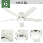 Ventilateur de plafond Hunter 52 Anisten à profil bas avec éclairage LED et interrupteur à tirer - Style moderne, contemporain, transitionnel