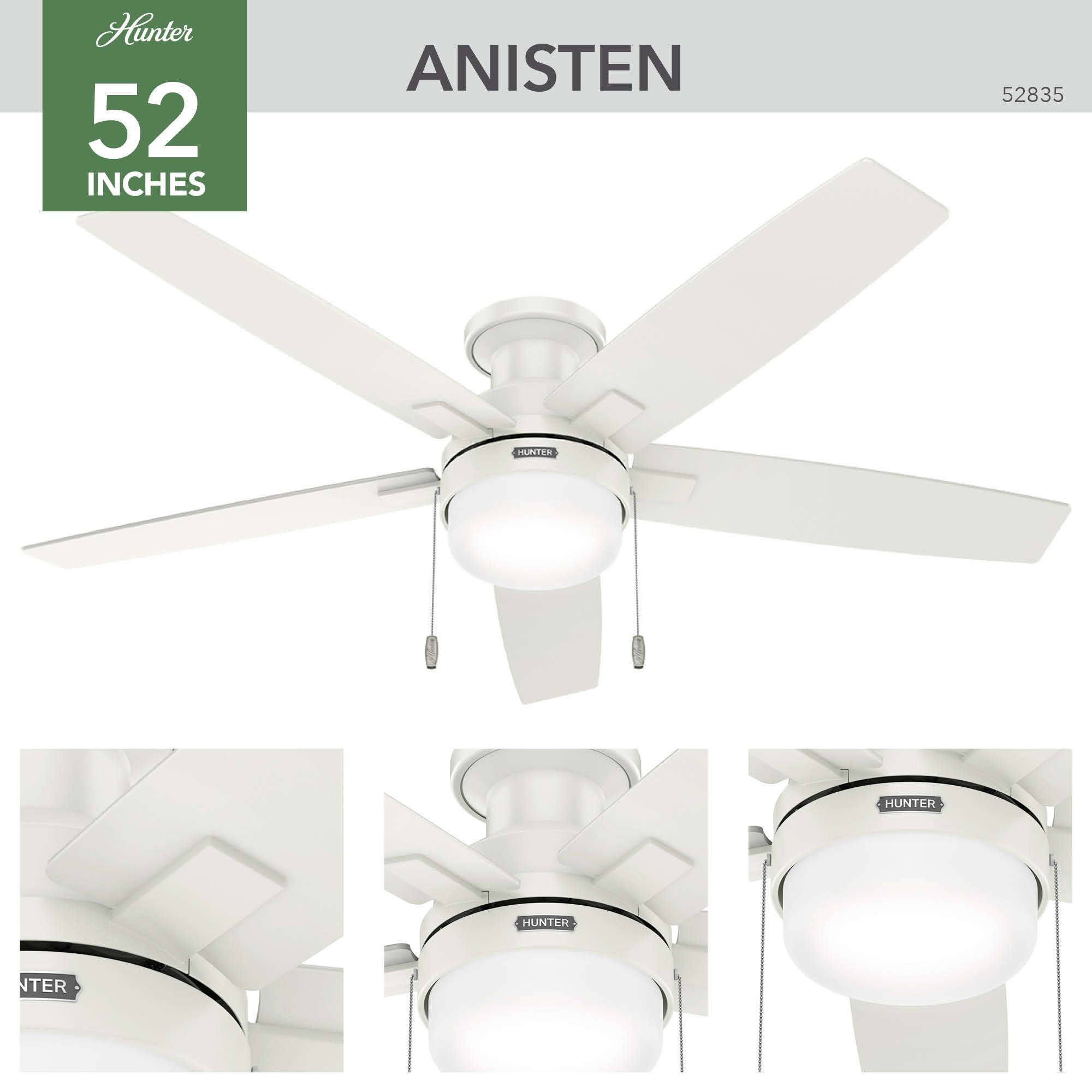 Ventilateur de plafond Hunter 52 Anisten à profil bas avec éclairage LED et interrupteur à tirer - Style moderne, contemporain, transitionnel