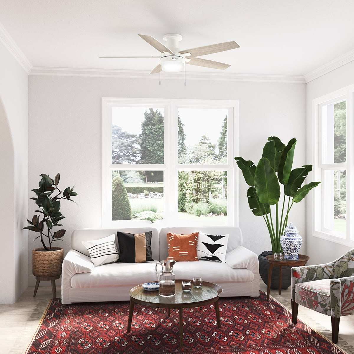 Ventilateur de plafond Hunter 52 Anisten à profil bas avec éclairage LED et interrupteur à tirer - Style moderne, contemporain, transitionnel