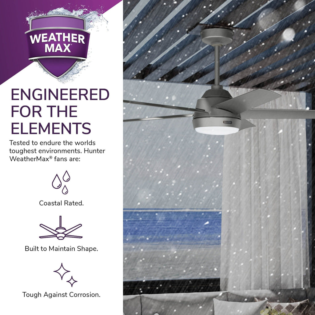Ventilateur de plafond d'extérieur Hunter 52 Skyflow avec kit d'éclairage LED, commande murale - Style côtier moderne contemporain - WeatherMax - ÉQUIPEMENT POUR L'EXTÉRIEUR !