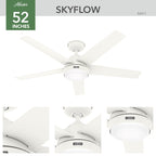 Ventilateur de plafond d'extérieur Hunter 52 Skyflow avec kit d'éclairage LED, commande murale - Style côtier moderne contemporain - WeatherMax - ÉQUIPEMENT POUR L'EXTÉRIEUR !