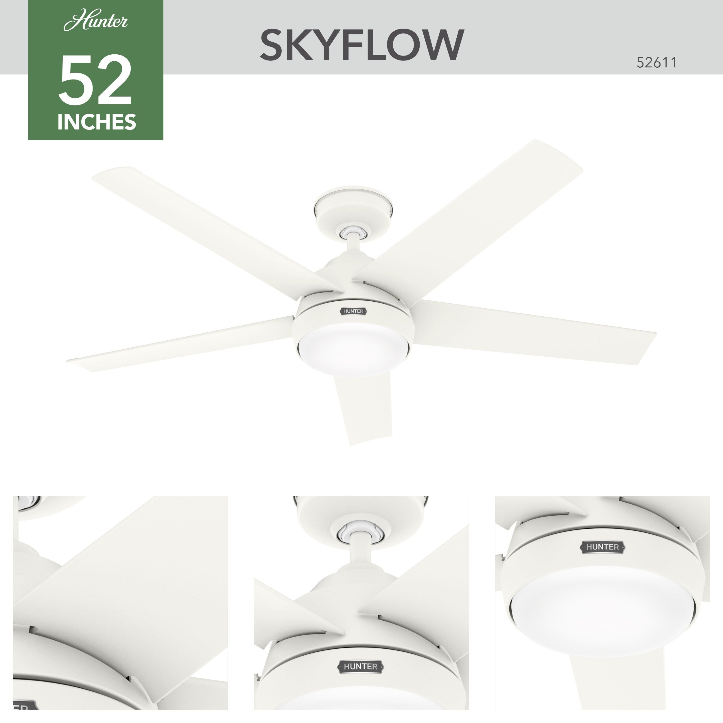 Ventilateur de plafond d'extérieur Hunter 52 Skyflow avec kit d'éclairage LED, commande murale - Style côtier moderne contemporain - WeatherMax - ÉQUIPEMENT POUR L'EXTÉRIEUR !