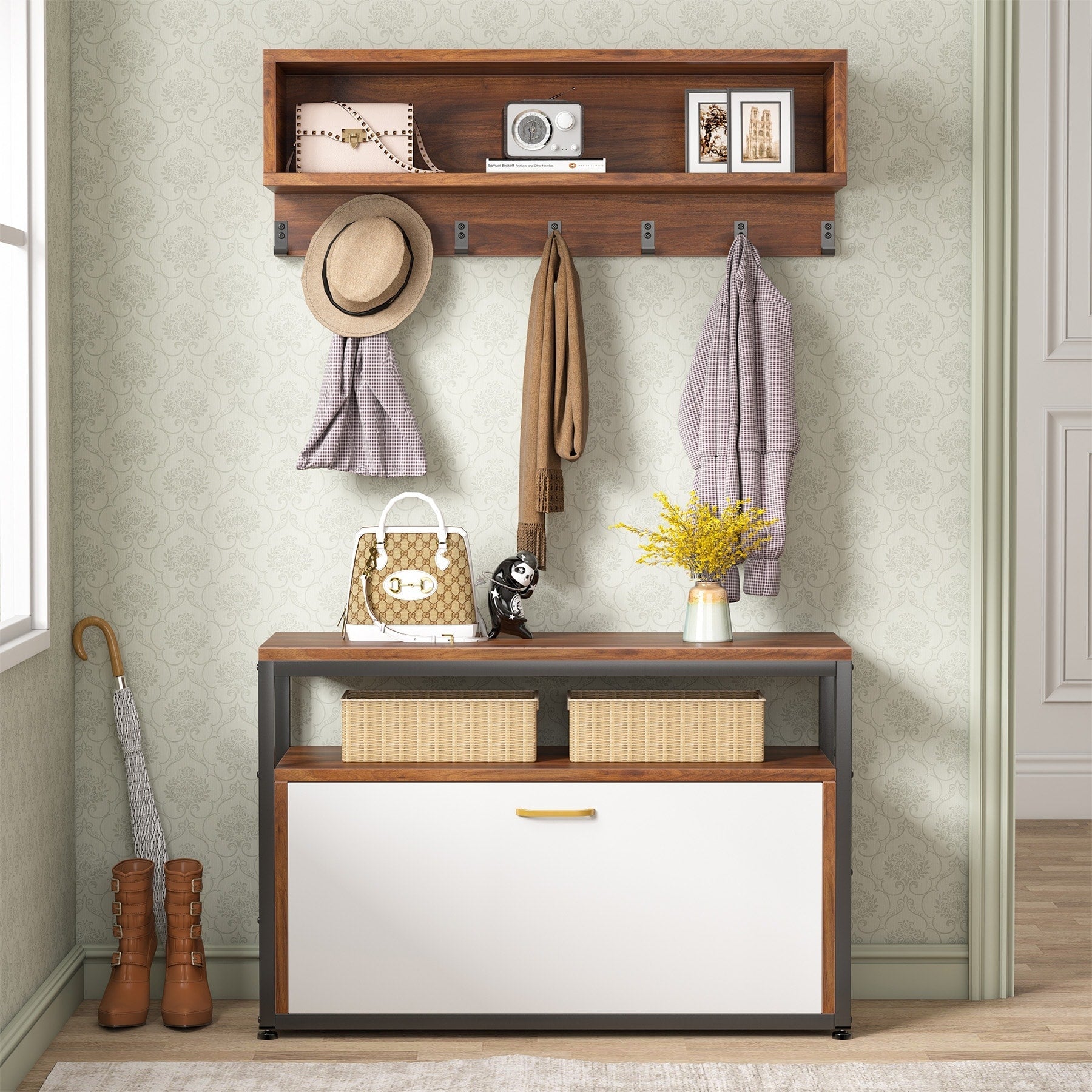 Ensemble porte-manteau et banc à chaussures pour entrée, porte-manteau et rangement à chaussures style industriel