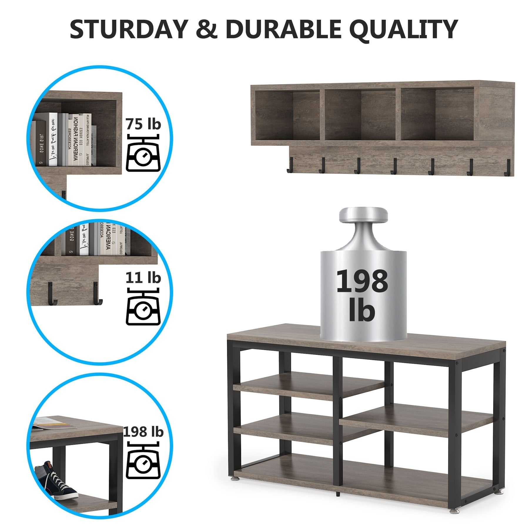 Ensemble porte-manteau et banc à chaussures pour entrée, porte-manteau et rangement à chaussures style industriel