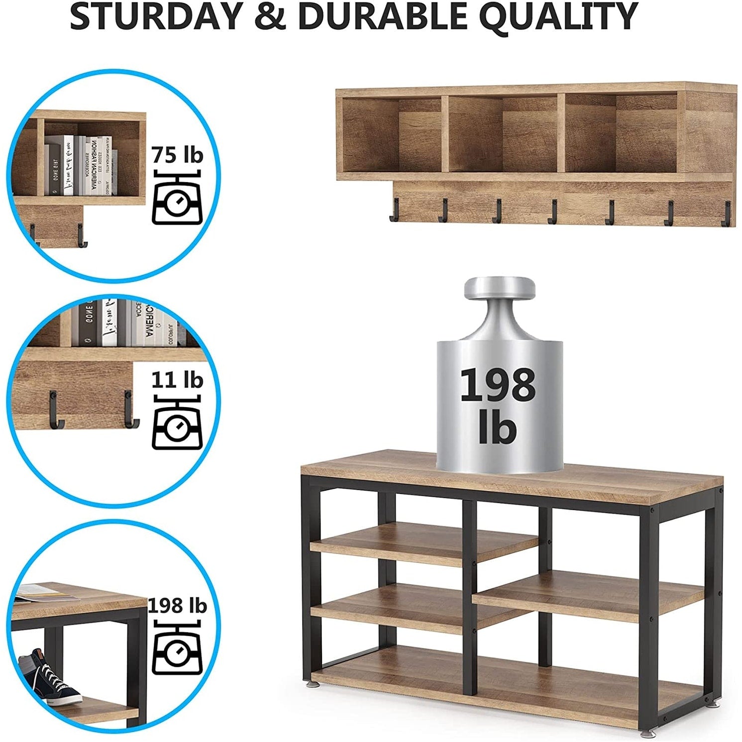 Ensemble porte-manteau et banc à chaussures pour entrée, porte-manteau et rangement à chaussures style industriel