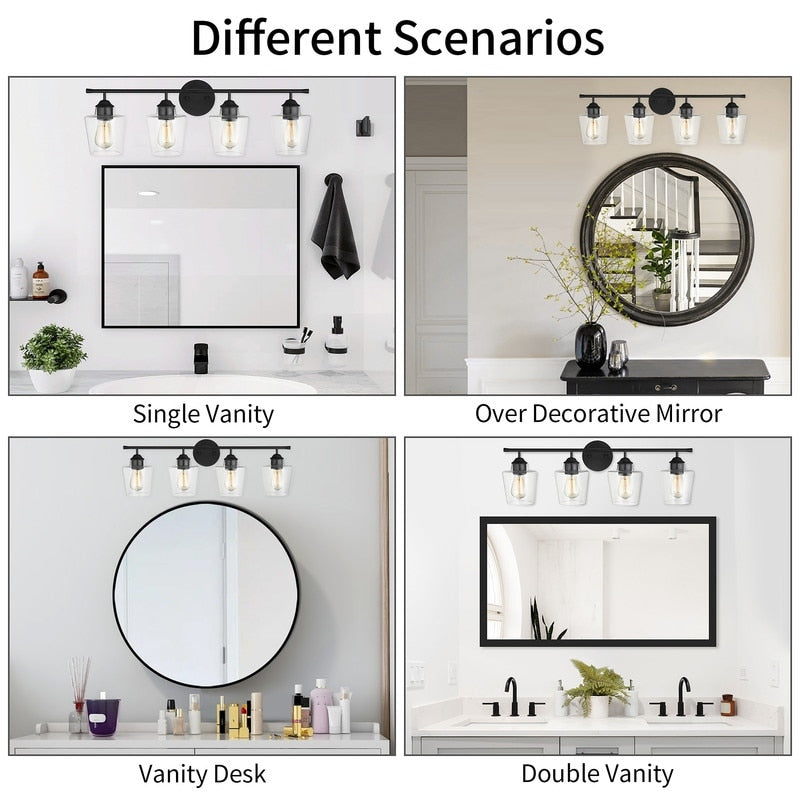 KAWOTI Lustre de salle de bain en métal à 4 lumières avec abat-jour en verre, à intensité variable