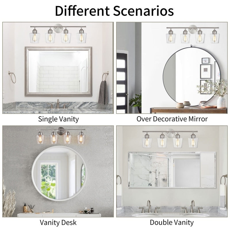 KAWOTI Lustre de salle de bain en métal à 4 lumières avec abat-jour en verre, à intensité variable