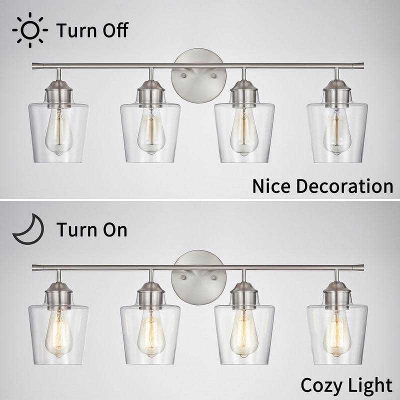 KAWOTI Lustre de salle de bain en métal à 4 lumières avec abat-jour en verre, à intensité variable