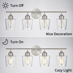 KAWOTI Lustre de salle de bain en métal à 4 lumières avec abat-jour en verre, à intensité variable