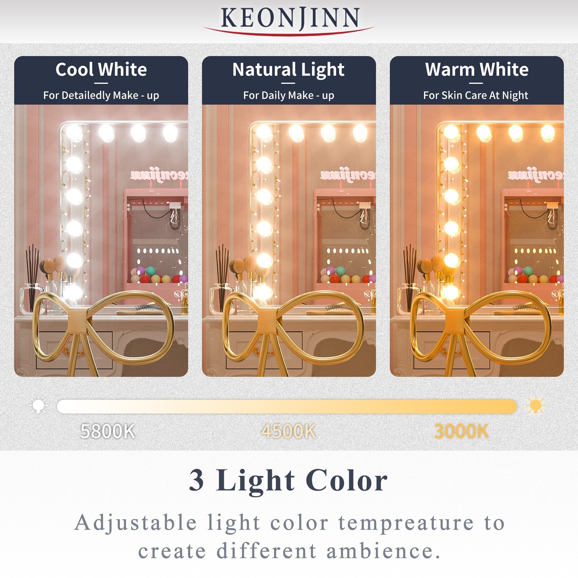 Keonjinn Miroir de maquillage LED Hollywood avec 15/18 lumières LED
