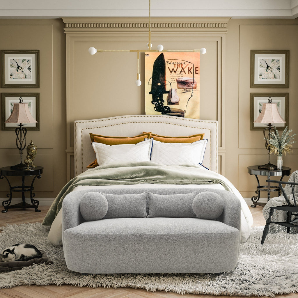 Canapé 2 places KINWELL en tissu bouclé avec coussins