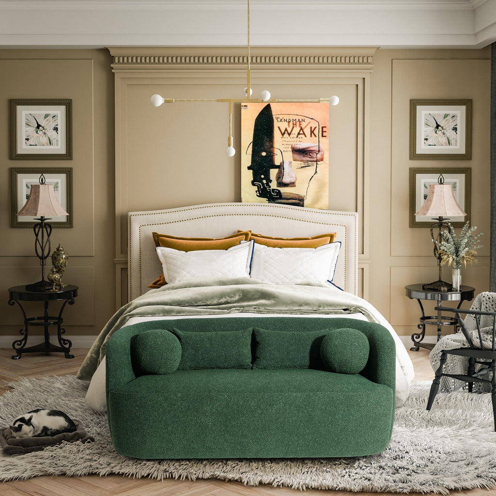 Canapé 2 places KINWELL en tissu bouclé avec coussins