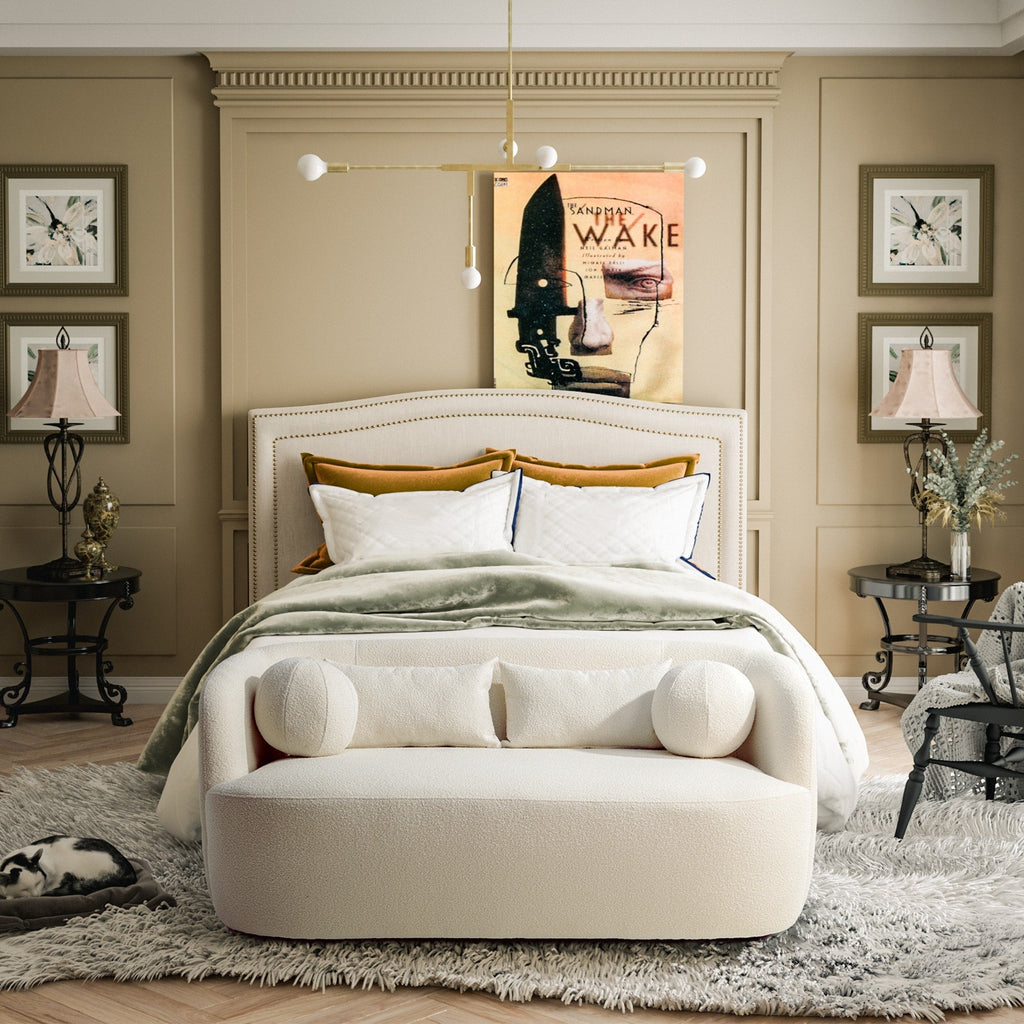 Canapé 2 places KINWELL en tissu bouclé avec coussins