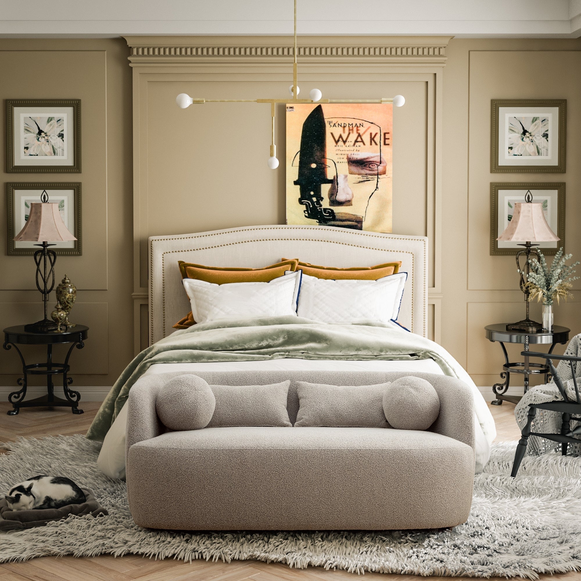 Canapé 2 places KINWELL en tissu bouclé avec coussins