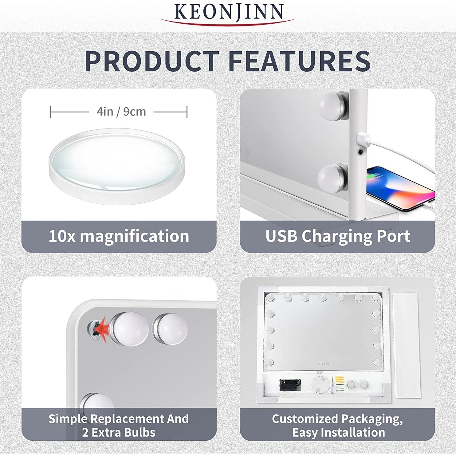 Keonjinn Miroir de maquillage LED Hollywood avec 15/18 lumières LED